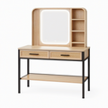 Coiffeuse 100 x 45 x 150 cm bois clair rotin métal noir avec miroir LED et rangements style contemporain
