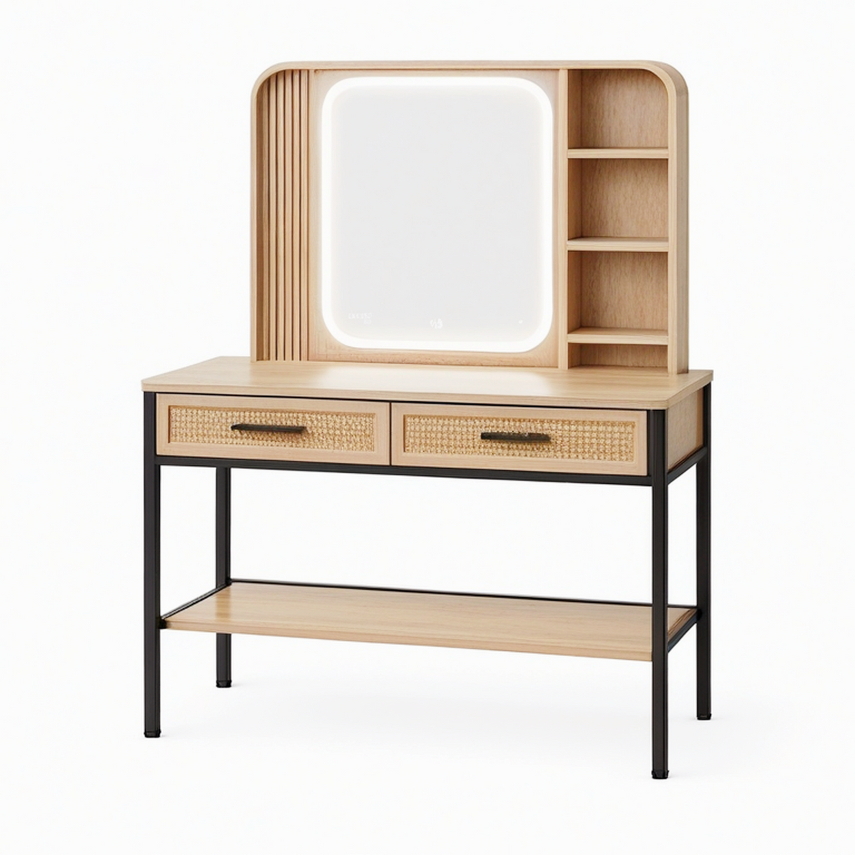 Coiffeuse 100 x 45 x 150 cm bois clair rotin métal noir avec miroir LED et rangements style contemporain