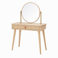 Coiffeuse 80 x 40 x 140 cm en bois naturel avec miroir rond et tiroir style moderne