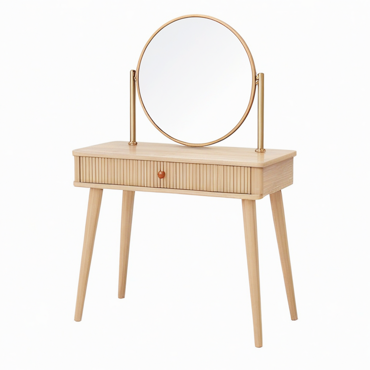 Coiffeuse 80 x 40 x 140 cm en bois naturel avec miroir rond et tiroir style moderne