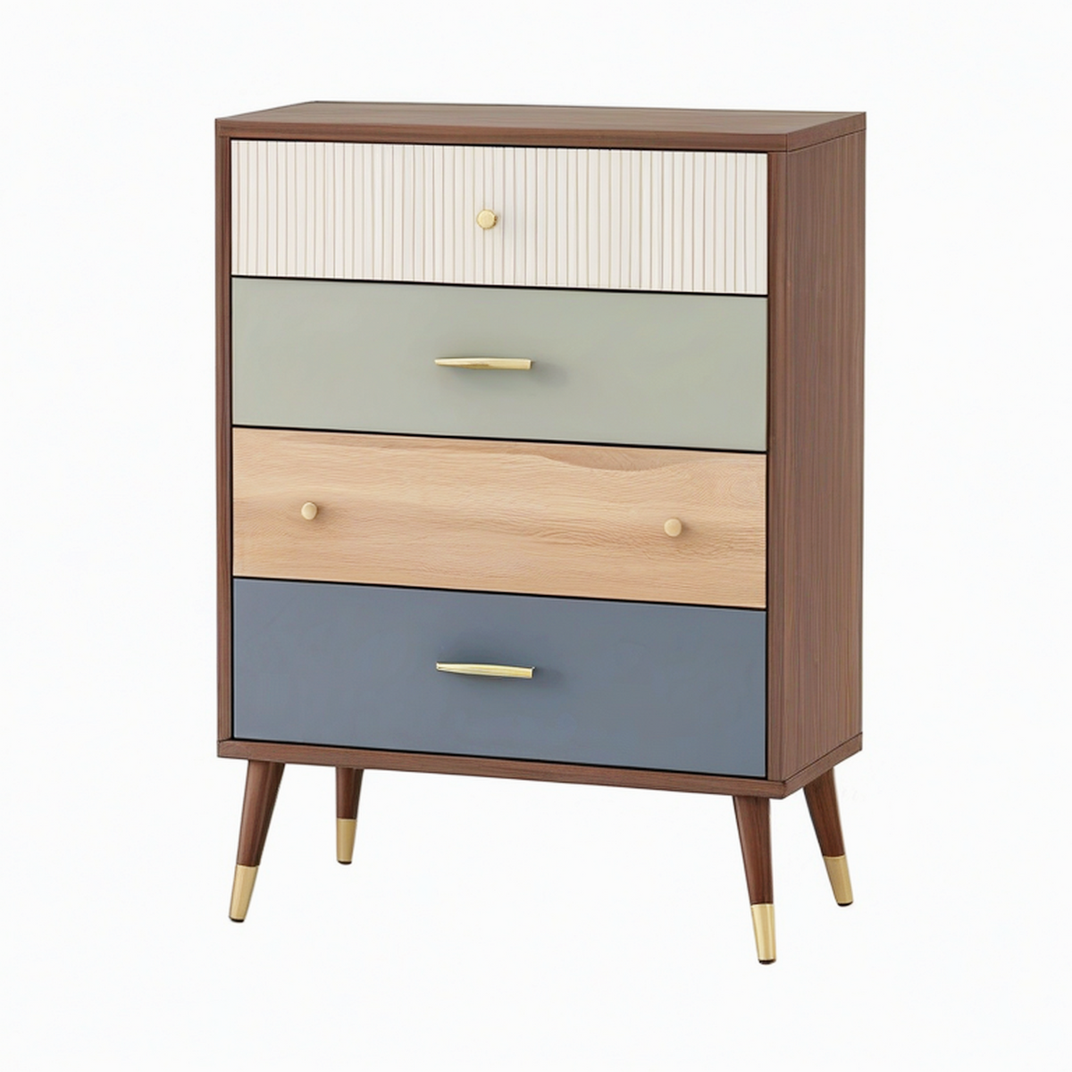 Commode 80 x 40 x 120 cm en panneaux de bois marron vert beige bleu style rétro à 4 tiroirs