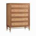 Commode 90 x 45 x 130 cm en bois brun avec tiroirs en cannage style vintage